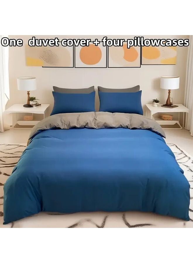 Blue Double Fit Duvet Cover Set With 4 Pillowcases Brushed Fabric All Season Comfort - Image 1